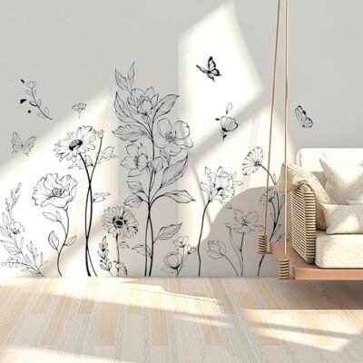 Boho Black Flower Wall Decals Simple Wildflower Floral Wall Stickers