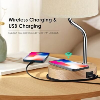 Bedside Table Lamp with Wireless Charger & USB Port