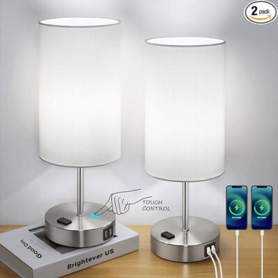 Set of 2 Touch Control Table Lamps with 2 USB Charging Ports AC Outlet