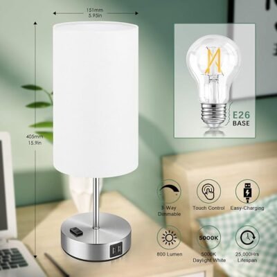 Set of 2 Touch Control Table Lamps with 2 USB Charging Ports AC Outlet