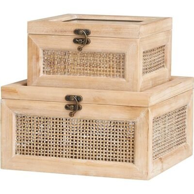 Rattan Side Panels and Bronze Hook Closures, Set of 2 Storage Boxes