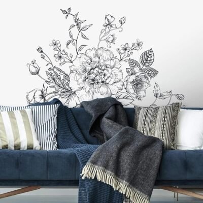 Black and White Peony Peel and Stick Giant Wall Decals